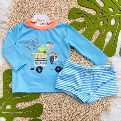  Praia Blusa Nice Day Pinguim com Proteção UV50+ e Sunga - Azul e Laranja